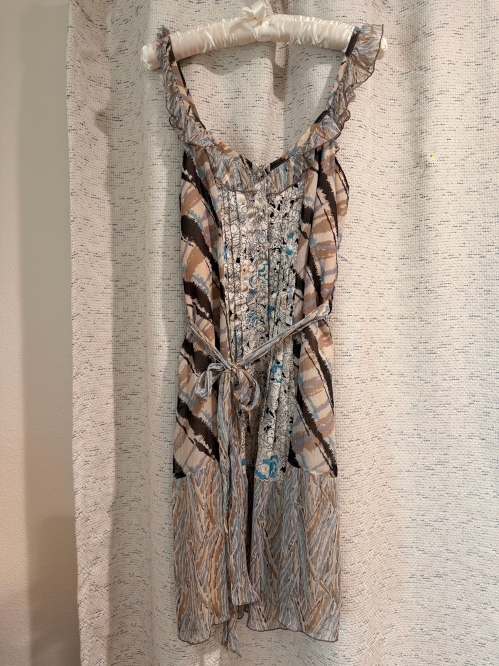Vintage Anna Sui Women’s Sleeveless Patterned Silk Summer Dress in Beige/Blue